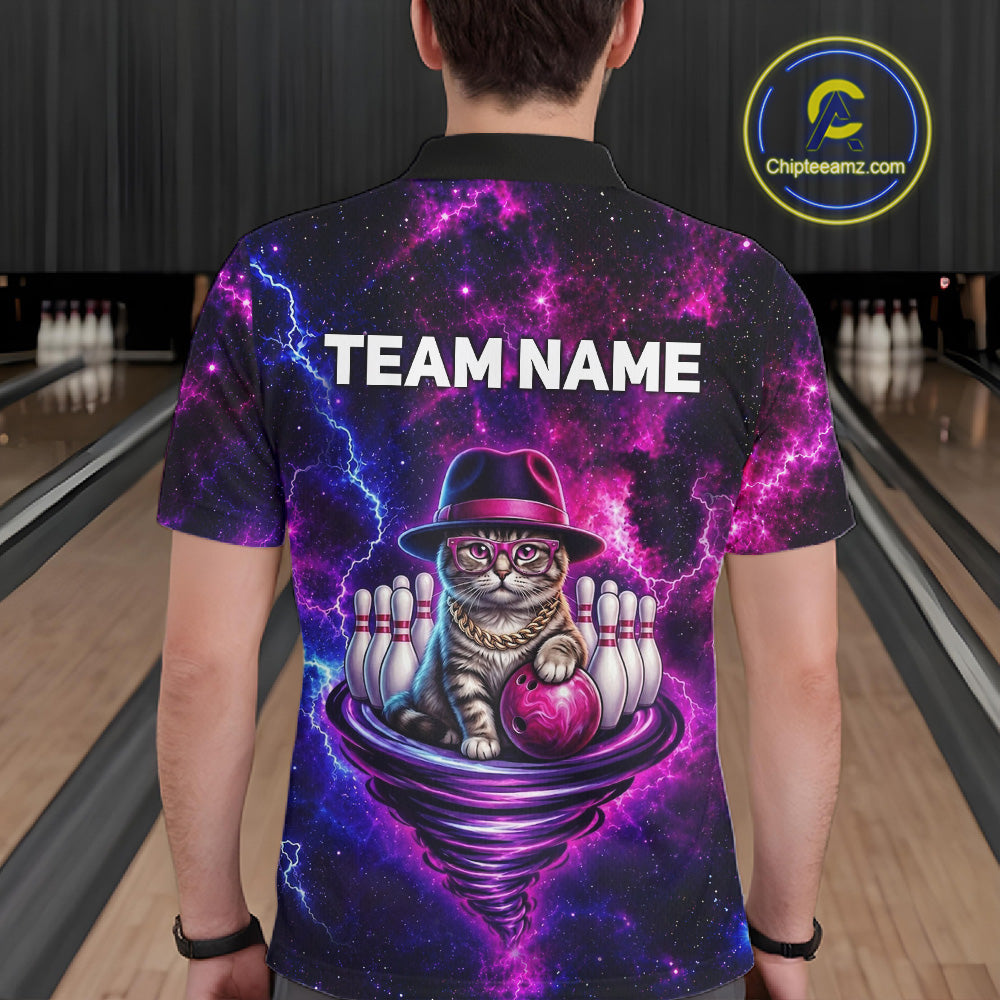 Cool Cat Funny Bowling Polo 1/4-Zip Shirts For Men Custom Galaxy Tornado Bowling Team Jerseys NYN3412