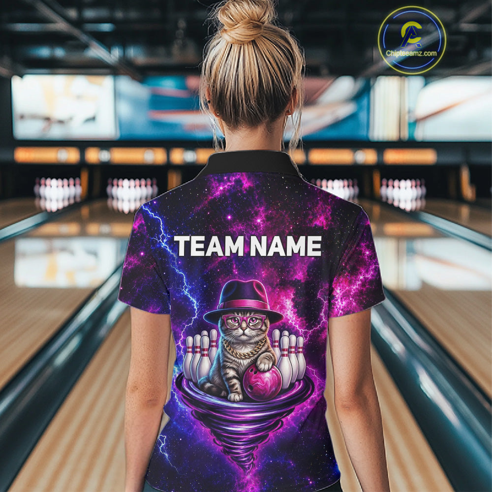 Cool Cat Funny Bowling Polo 1/4-Zip Shirts For Women Custom Galaxy Tornado Bowling Team Jerseys NYN3412
