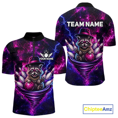 Funny Raccoon Galaxy Tornado Bowling Polo Quarter Zip Shirt For Men Custom Team Jersey