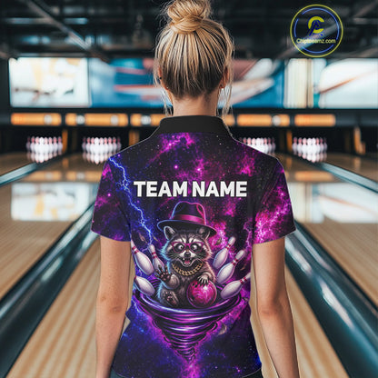 Raccoon Funny Bowling Polo 1/4-Zip Shirts For Women Custom Galaxy Tornado Bowling Team Jerseys NYN3413