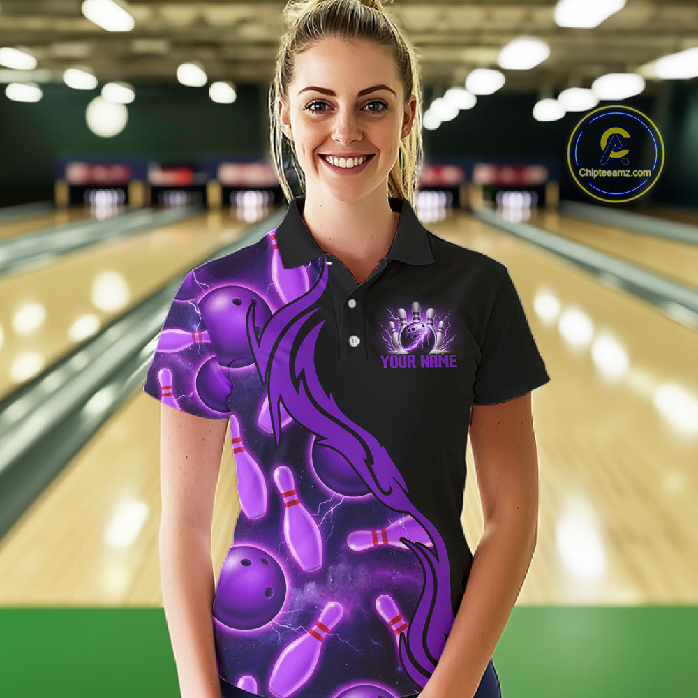 Purple Thunder Custom Womens Bowling Ball & Pin Shirts, Bowling Team Jerseys For Bowlers NYN3418