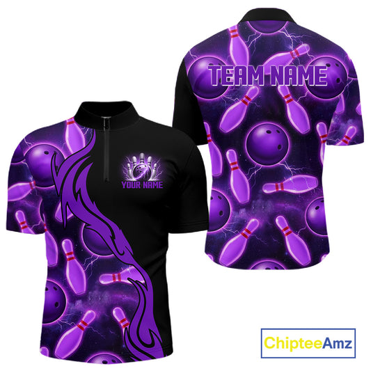 Purple Thunder Bowling Ball And Pins Shirt For Men Custom Bowling Team Jersey