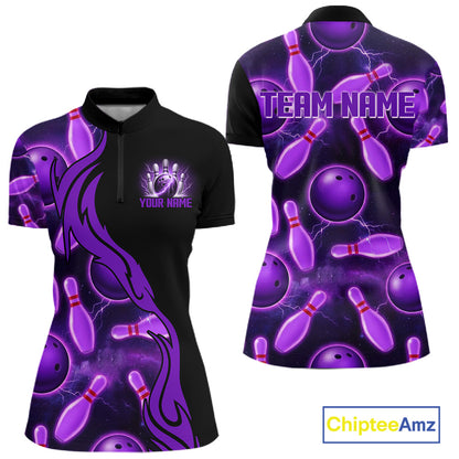 Purple Thunder Bowling Ball And Pins Shirt For Women Custom Bowling Team Jersey