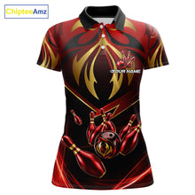 Load image into Gallery viewer, Women's bowling polo featuring red and gold lightning strike graphics with bowling ball, personalized performance apparel for lightning lovers, motorsport fans and tournament bowlers, symbolizing speed, power, momentum and victory.