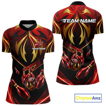 Load image into Gallery viewer, Women's quarter-zip bowling jersey featuring explosive red and gold lightning effects, premium tournament apparel symbolizing determination, ambition and competitive excellence.