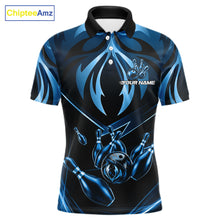 Load image into Gallery viewer, Men's bowling polo featuring blue lightning strike artwork with bowling graphics, personalized bowling apparel for technology enthusiasts, gamers, engineers and tournament bowlers, symbolizing focus, intelligence, clarity and precision.