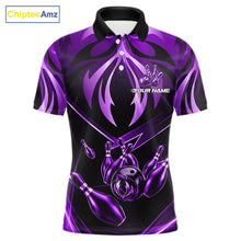 Load image into Gallery viewer, Men's bowling polo featuring purple lightning strike graphics, personalized tournament bowling shirt for fantasy lovers, galaxy enthusiasts, digital artists and creative athletes, symbolizing creativity, wisdom, transformation and ambition.
