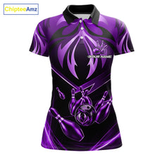 Load image into Gallery viewer, Women's bowling polo featuring purple lightning strike graphics, personalized bowling apparel for fantasy lovers, galaxy fans, artists and competitive bowlers, symbolizing creativity, wisdom, ambition and transformation.