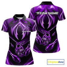 Load image into Gallery viewer, Women's bowling polo featuring purple lightning strike graphics, personalized bowling apparel for fantasy lovers, galaxy fans, artists and competitive bowlers, symbolizing creativity, wisdom, ambition and transformation.