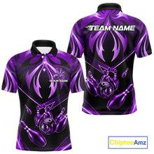 Load image into Gallery viewer, Men's bowling polo featuring purple lightning strike graphics, personalized tournament bowling shirt for fantasy lovers, galaxy enthusiasts, digital artists and creative athletes, symbolizing creativity, wisdom, transformation and ambition.