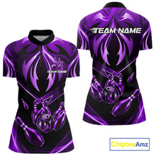 Load image into Gallery viewer, Women's quarter-zip bowling jersey with vibrant purple lightning artwork, moisture-wicking performance apparel representing creativity, resilience and success.