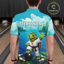Load image into Gallery viewer, Male bowler wearing ocean turtle bowling jersey during USBC tournament, premium athletic apparel representing wisdom, confidence and resilience.