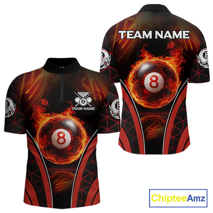 Red Flames Pool 8 Ball Men Billiard Polo & 1/4-Zip Shirts Custom Billiard Team Shirt Designs NYN2404