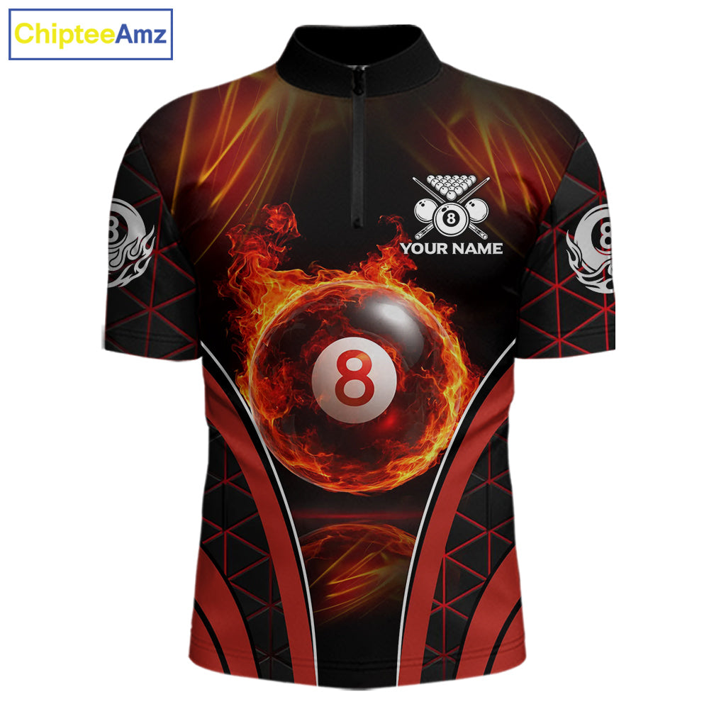 Red Flames Pool 8 Ball Men Billiard Polo & 1/4-Zip Shirts Custom Billiard Team Shirt Designs NYN2404