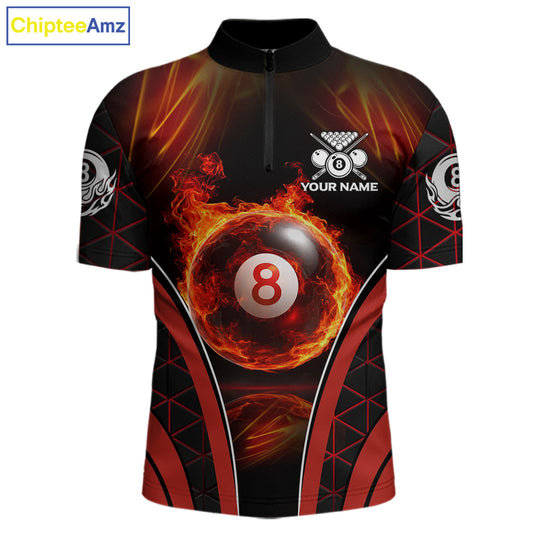 Red Flames Pool 8 Ball Men Billiard Polo & 1/4-Zip Shirts Custom Billiard Team Shirt Designs NYN2404