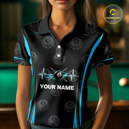 Black & Blue Crown 8 Ball Pool Billiard Apparel For Women Custom Billiard Team Shirt Designs NYN2407