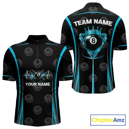 Black & Blue Crown 8 Ball Pool Billiard Apparel For Men Custom Billiard Team Shirt Designs NYN2407