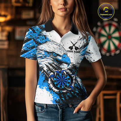 Custom Blue Grunge Eagle Scratch Dartboard Women Darts Polo & 1/4-Zip Shirts Dart Team Jerseys NYN2797