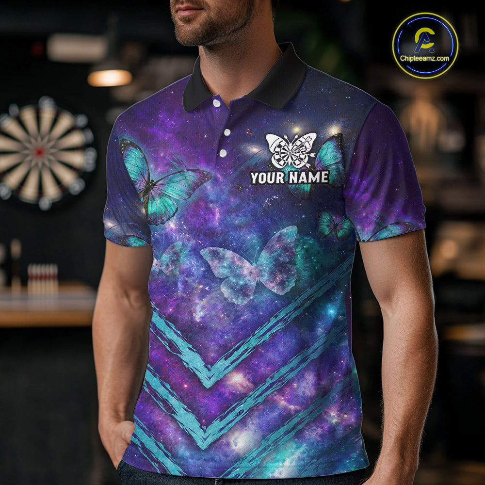 Blue Purple Galaxy Darts Polo & 1/4-Zip Shirt For Men Personalized Butterfly Dart Team Appeal NYN3010