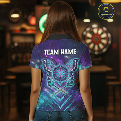 Blue Purple Galaxy Darts Polo & 1/4-Zip Shirt For Women Personalized Butterfly Dart Team Appeal NYN3010