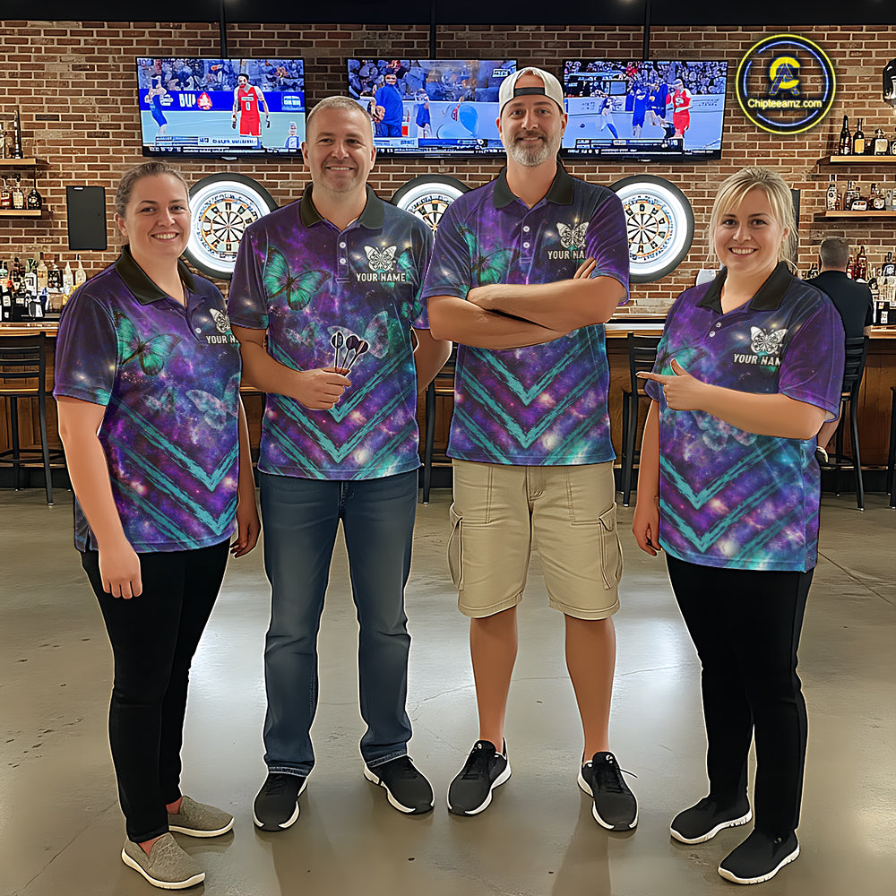 Blue Purple Galaxy Darts Polo & 1/4-Zip Shirt For Men Personalized Butterfly Dart Team Appeal NYN3010