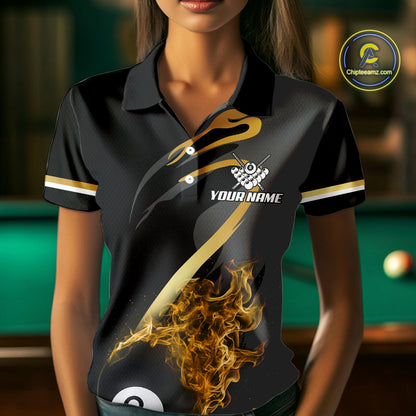 Yellow & Black Fire Flame 8 Ball Pool Billiard Shirt For Women Personalized Billiard Team Attire NYN3427