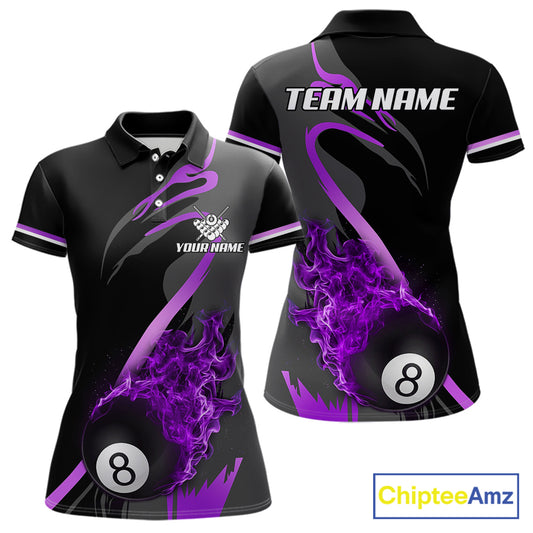 Purple Black Fire Flame 8 Ball Pool Shirt For Women Personalized Billiard Team Apparel