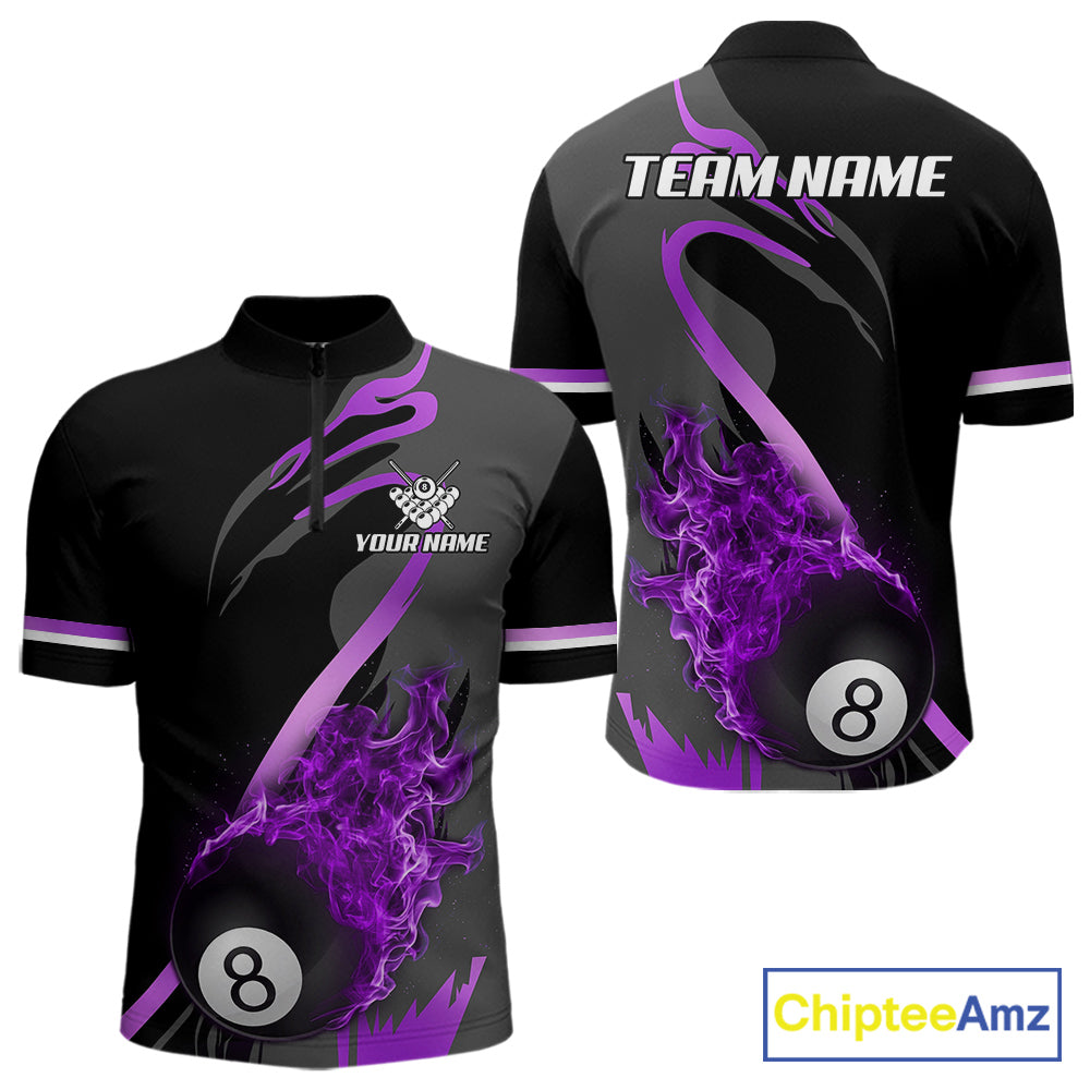 Purple Black Fire Flame 8 Ball Pool Shirt For Men Personalized Billiard Team Apparel