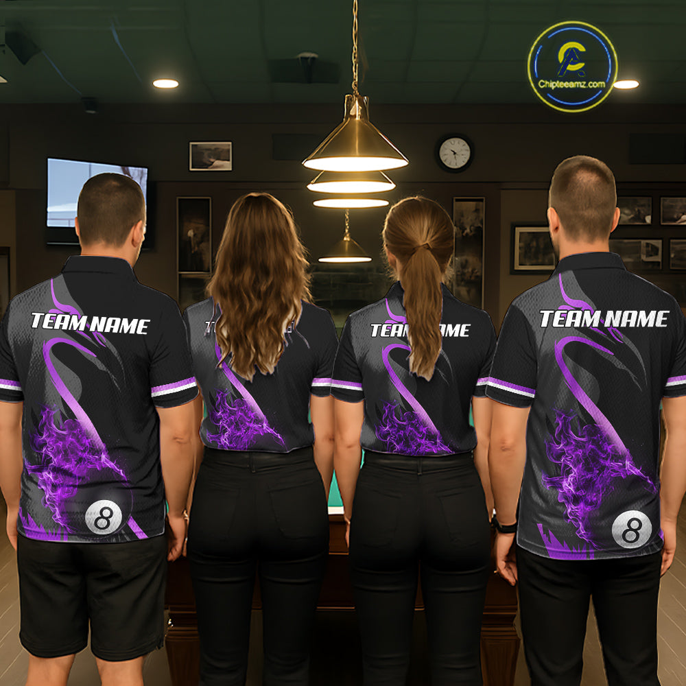 Purple & Black Fire Flame 8 Ball Pool Billiard Shirt For Men Personalized Billiard Team Attire NYN3428