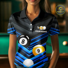 Load image into Gallery viewer, Female model wearing Black Blue pool polo jersey, personalized billiard apparel, cue sports tournament clothing, league team outfit