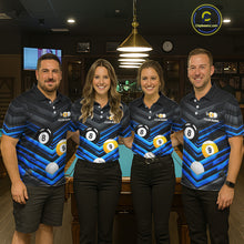 Load image into Gallery viewer, Black Blue matching billiard tournament jerseys for pool teams, custom 8 Ball 9 Ball uniforms, cue sports apparel for championship