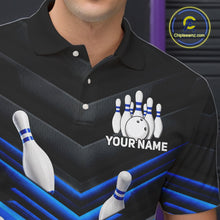 Load image into Gallery viewer, Male model wearing Black and Blue custom bowling polo, professional bowling tournament jersey, USBC league apparel, bowling club uniform, personalized team shirt, athletic performance clothing, champion-inspired sportswear