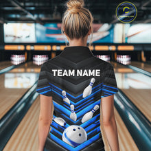Load image into Gallery viewer, Female model wearing Black and Blue bowling polo jersey, custom women's bowling league shirt, personalized tournament apparel, moisture-wicking athletic uniform, competitive bowling outfit, strike team clothing