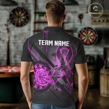 Load image into Gallery viewer, Male model wearing Pink Ribbon darts polo supporting Breast Cancer Awareness, custom charity tournament jersey, personalized darts league apparel, community fundraising uniform
