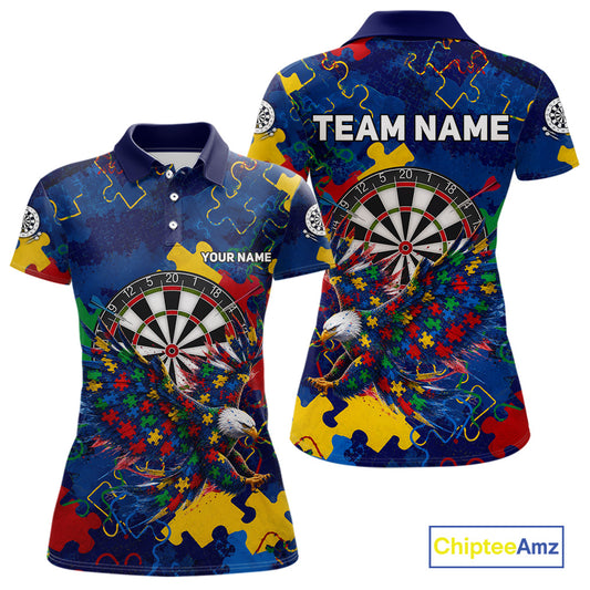 Personalized Eagle Puzzle Pieces women's darts polo featuring dartboard artwork, custom name jersey, autism awareness-inspired league apparel, personalized tournament performance clothing