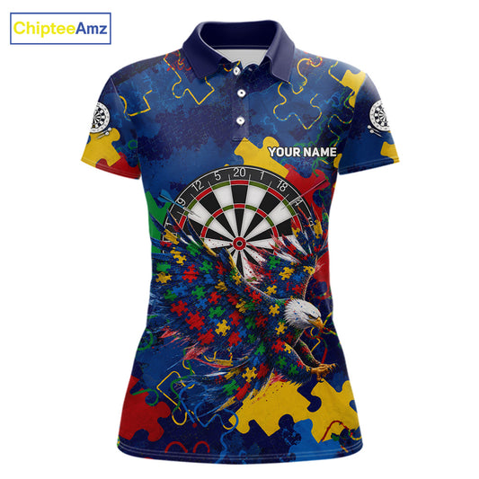 Personalized Eagle Puzzle Pieces women's darts polo featuring dartboard artwork, custom name jersey, autism awareness-inspired league apparel, personalized tournament performance clothing