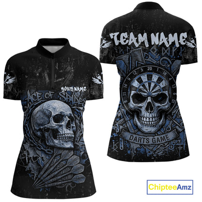 Blue Graffiti Grunge Skull Darts Shirt For Women Custom Name & Team Skull Dart Outfit Jerseys NYN3986