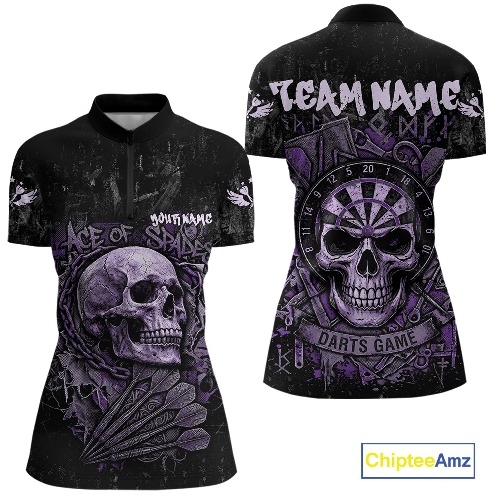 Purple Graffiti Grunge Skull Darts Shirt For Women Custom Name & Team Skull Dart Outfit Jerseys NYN3987