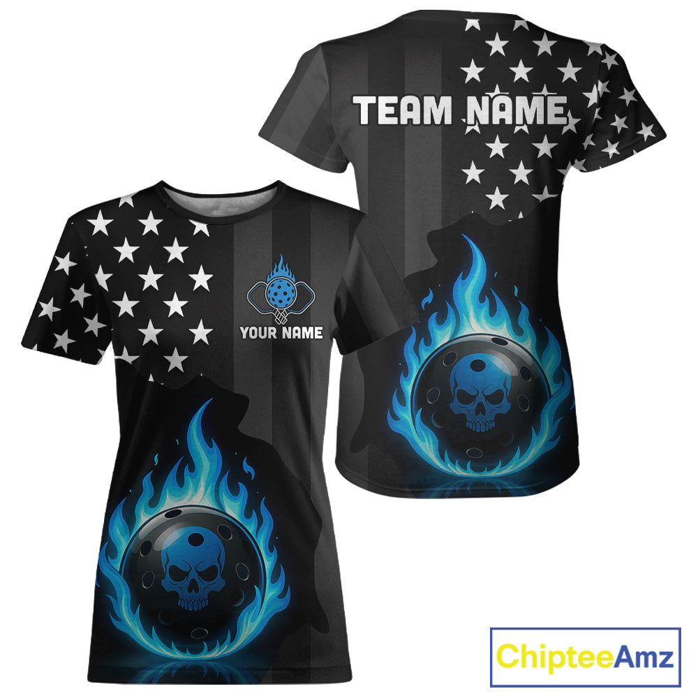 Custom Blue Flames Pickleball Ball 3D League Jerseys Women Pickleball US Flag Team Shirts NYN2146