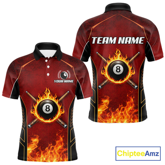 Red Billiard 8 Ball Cue Shirts For Men Custom Fire Flame Pool Team Billiard Polo & 1/4 Zip Jerseys NYN3016