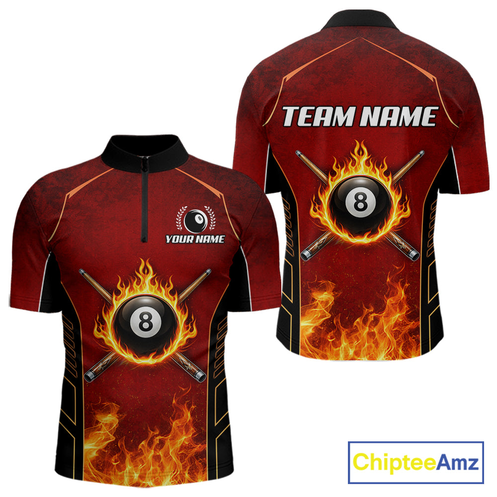 Red Billiard 8 Ball Cue Shirts For Men Custom Fire Flame Pool Team Billiard Polo & 1/4 Zip Jerseys NYN3016