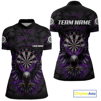 Purple Grunge Eagle Women's Quarter-Zip Darts Shirt Mockup, Custom Eagle Dart Tournament Apparel, Personalized League Jersey