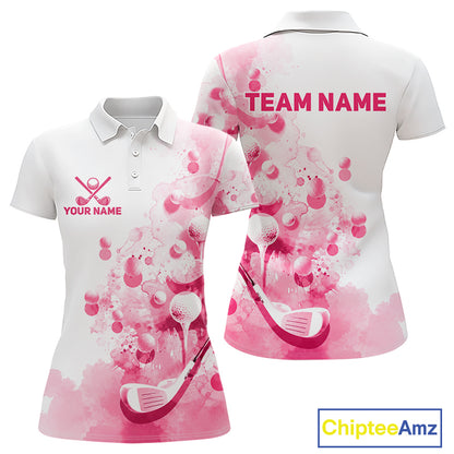 Pink Splatter Golf Ball & Clubs Team Apparel Womens Polo Shirts Custom Golf Shirt For Women NYN3996