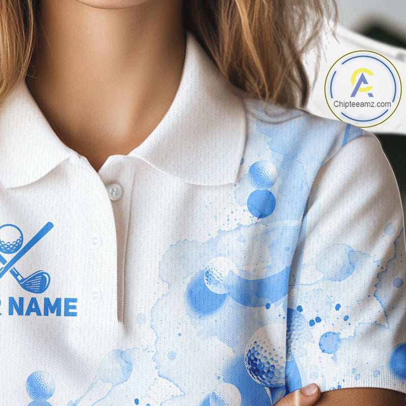 Blue Splatter Golf Ball & Clubs Team Apparel Womens Polo Shirts Custom Golf Shirt For Women NYN3997