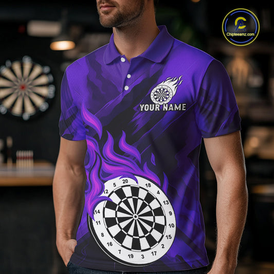 Custom Purple Flaming White Dartboard Dart Polo Shirt For Men Outfits Dart Jerseys NYN1610