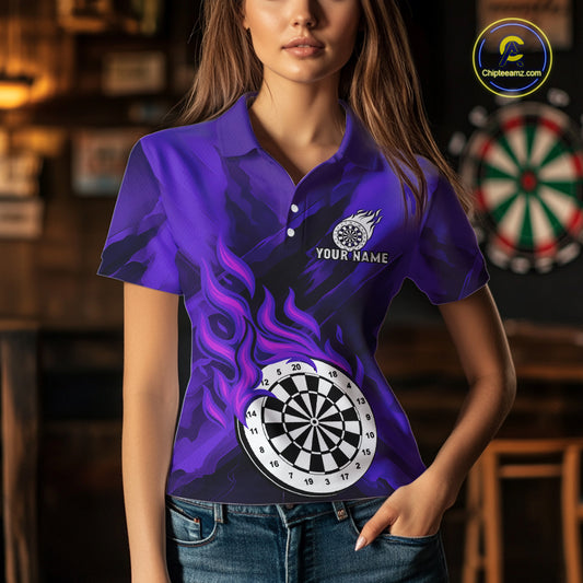 Custom Purple Flaming White Dartboard Dart Polo Shirt For Women  Outfits Dart Jerseys NYN1610