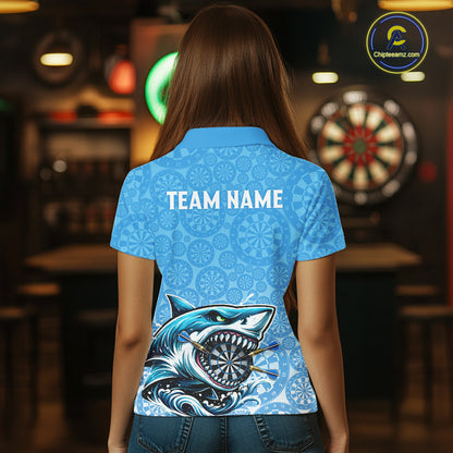Blue Ferocious Shark Dartboard & Arrow Women  Darts Polo Shirt Custom Funny Dart League Shirt NYN2647