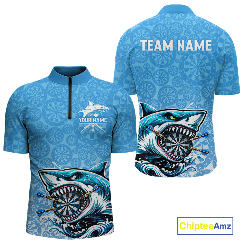 Blue Ferocious Shark Dartboard & Arrow Men Darts 1/4-Zip Shirt Custom Funny Dart League Shirt NYN2647