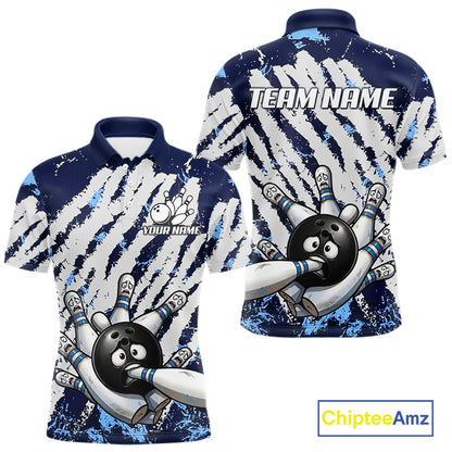 Blue and white grunge bowling ball and pins shirt for men custom bowling team jersey
