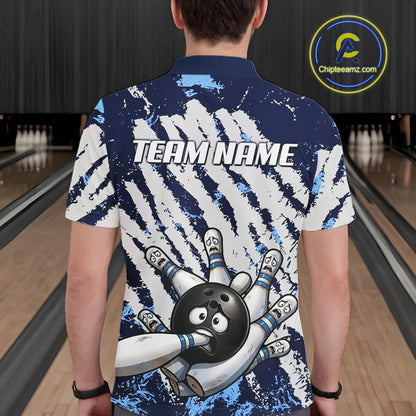 Blue And White Grunge Funny Bowling Ball & Pins Shirts Custom Team Bowling Jerseys For Men NYN3445
